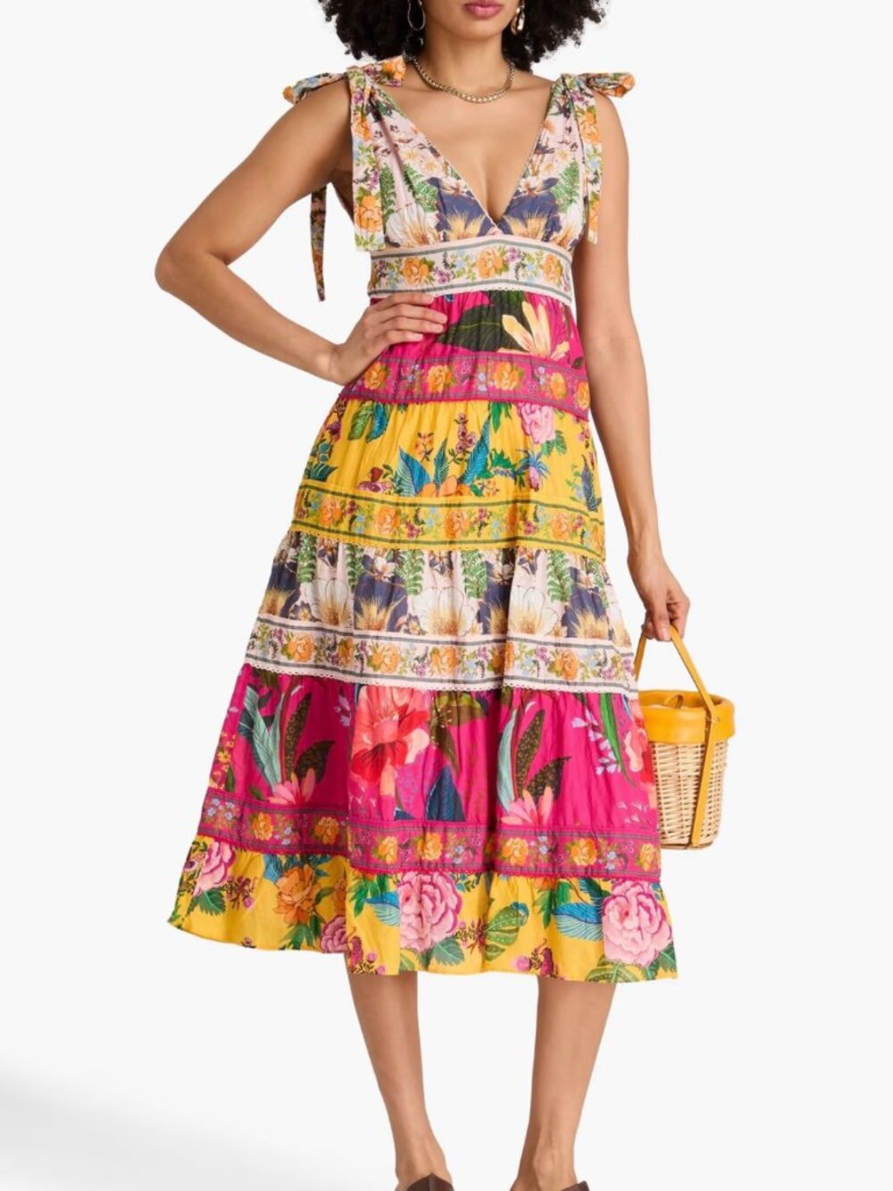 Farm Rio Tiered Floral Mix Midi Dress NWT Size L